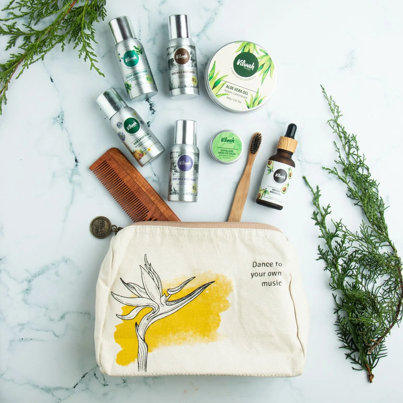 Personal care essentials arranged with a canvas bag